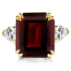 Three Stone Created Garnet Emerald Engagement Ring 18K Gold Plated Sterling Silv